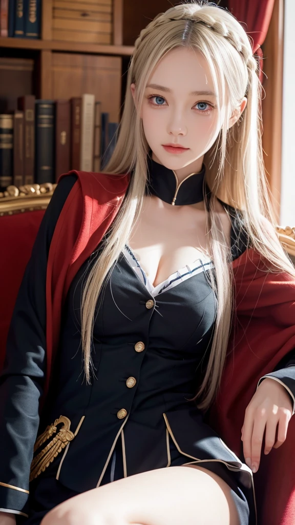 masterpiece, best quality, absurdres, EreshkigalBase, two side up, hair ribbon, tiara, black dress, single sleeve, skull, spine, gold trim, red cape, single thighhigh, sitting, outdoors, graveyard, stone, smile, blue fire, <lora:EreshkigalV2:1>, <lora:8e28e06e-b04c-4959-8185-f0d028454eb7:2.0>