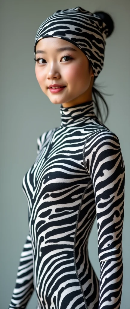 The beautiful,thin and clever asian muslimah adult girl with beautiful cheeks wears plains zebra print lycra footed turtleneck unitard catsuit covered with stripes and plains zebra lycra elastane stretchy dancewear square hijab amira covered with stripes.She is hungry when she eats teriyaki rice at the restaurant.