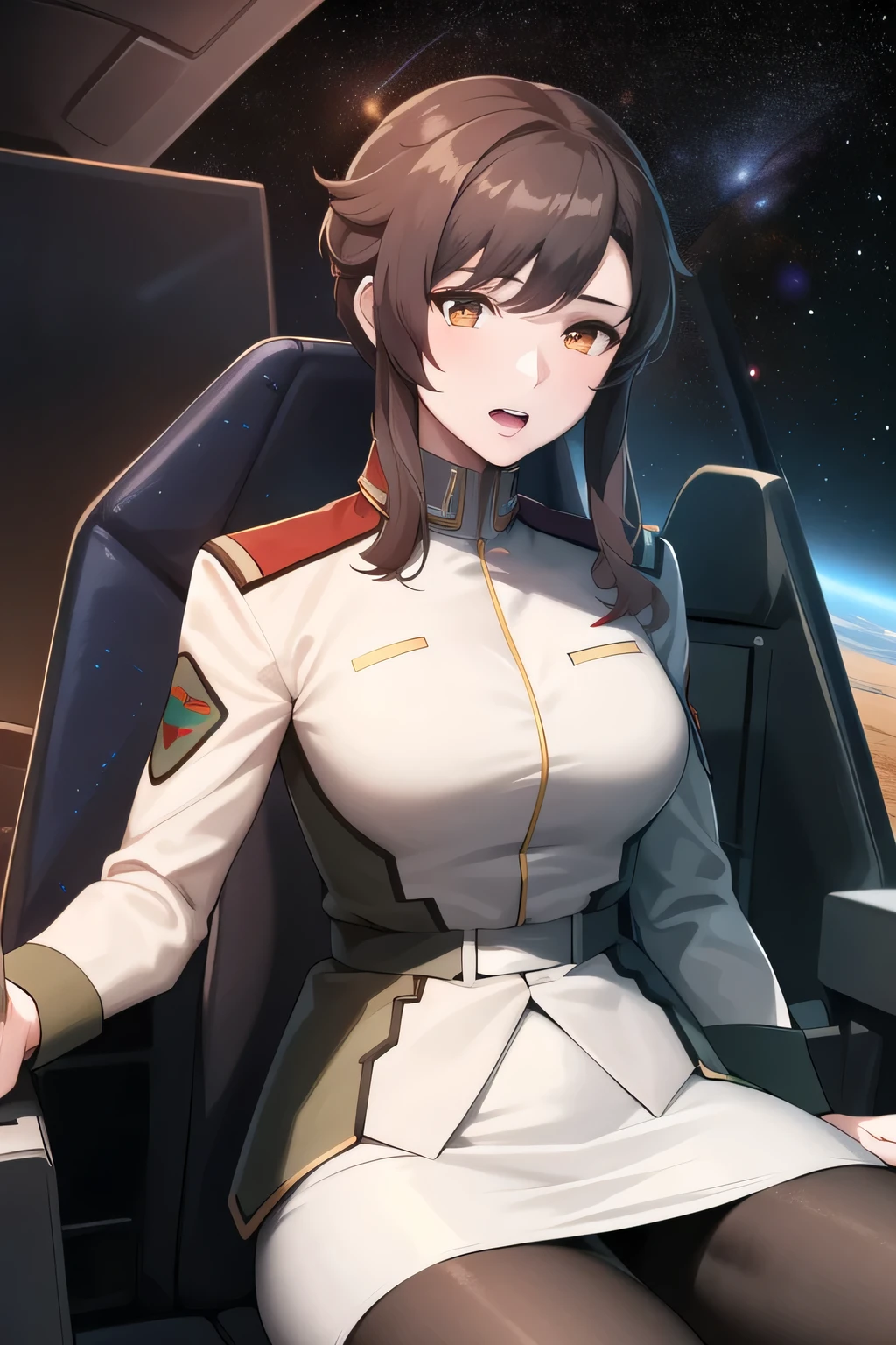 masterpiece,    best quality,    high definition   , friendly 1  ,    1 girl, Alone, (black_   pantyhose:1.1), military uniform, military, Compensate,    white shirt,  White Skirt,    tight skirt   ,    is sitting,    upper body,    cockpit , space,    open your mouth,