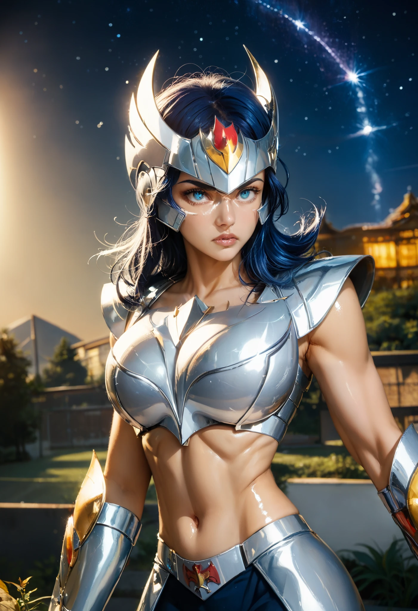 masterpiece, best quality, high resolution, armour, lifelike, high resolution, original photo, shiny tan skin, best lighting, spark, dramatic lighting, dynamic poses, starry sky background, night sky, universe, Milky Way, pretty young girl, balanced eyes, ikki phoenix, plate armor, chest, split, blue hair, plate helmet, blue eyes, looking at the audience, Big breasts, angry face，Show toned belly and flat lower belly.