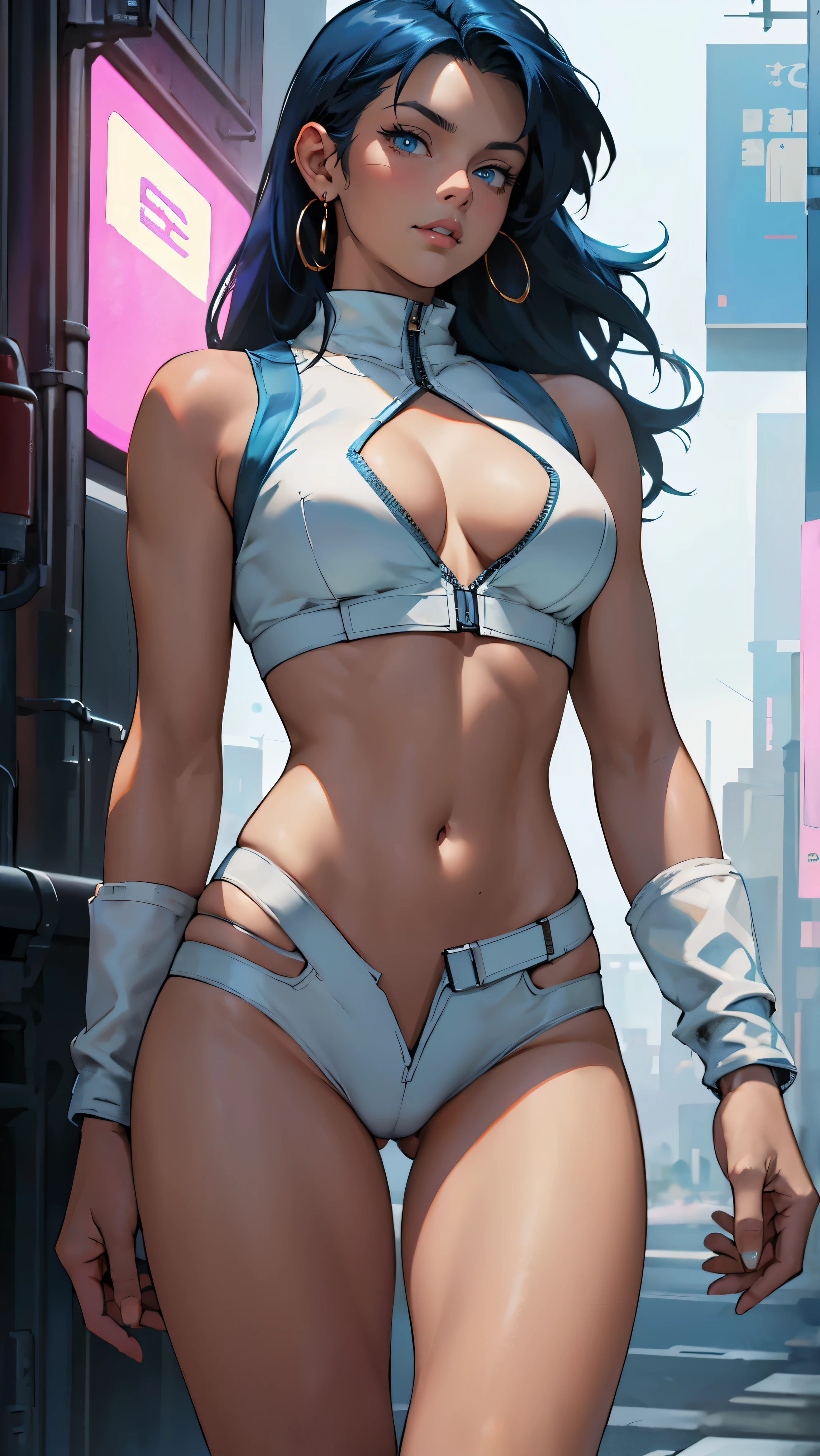 ((Masterpiece, highest quality; 1.3)), super quality, beautiful detail, super detailed, extra fine, 16K, exquisite, absurd, high resolution, beautiful background, detailed background, beautiful eyes, beautiful skin, anime style, dirtypairyuri, Dirty Pair Yuri in a skimpy white outfit, long blue hair, blue eyes, earrings, white uniform, white crop top, cutout, sleeveless, wearing tight clothing, skimpy, (breasts: 1.2), cleavage, cleavage, , obliques, fit arms, slim waist, ((wide hips)), fit thighs, (thigh gap), showing stomach, (skinny frame), wide hips, cyberpunk city background, holding a retro space gun