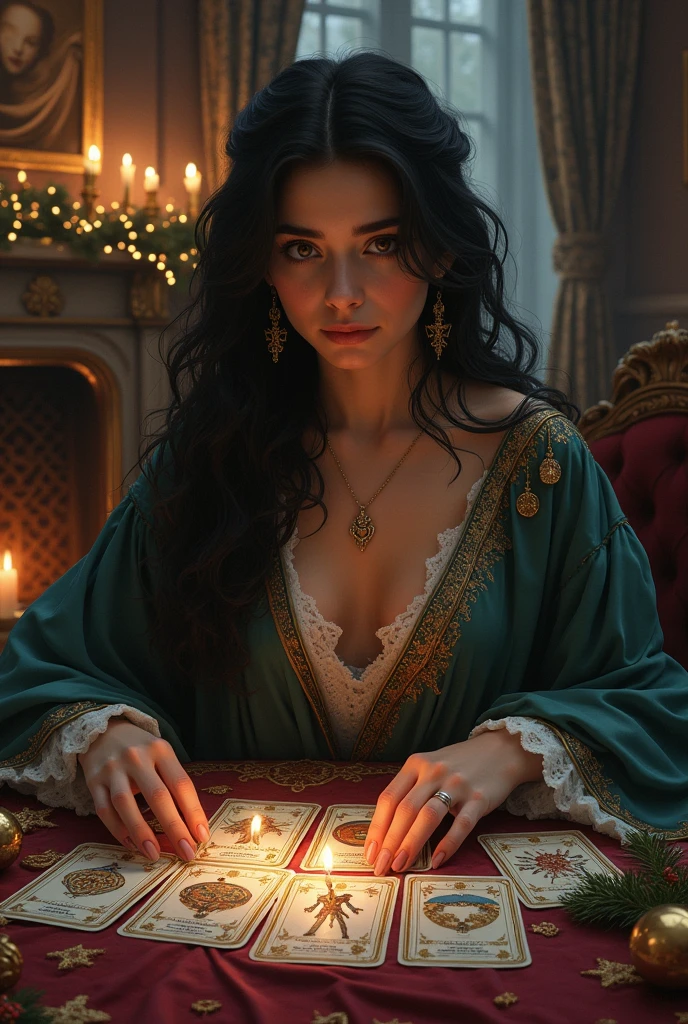tarot reader woman sit on a table with cards, crystals and candles, beautiful detailed eyes,beautiful detailed lips,extremely detailed eyes and face,longeyelashes, beautiful portrait, hyper realistic, intricate details, lot of cinematic lighting, vibrant colors, magical atmosphere, mystical, ethereal, occult, dark fantasy