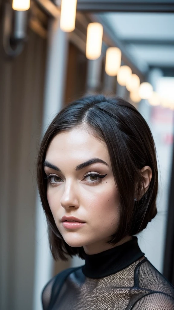 sasha grey as classy top model wearing Balenciaga, magical, crisp, smooth, attractive look; design centered around the model's eyes, classy and elegant, fashion background