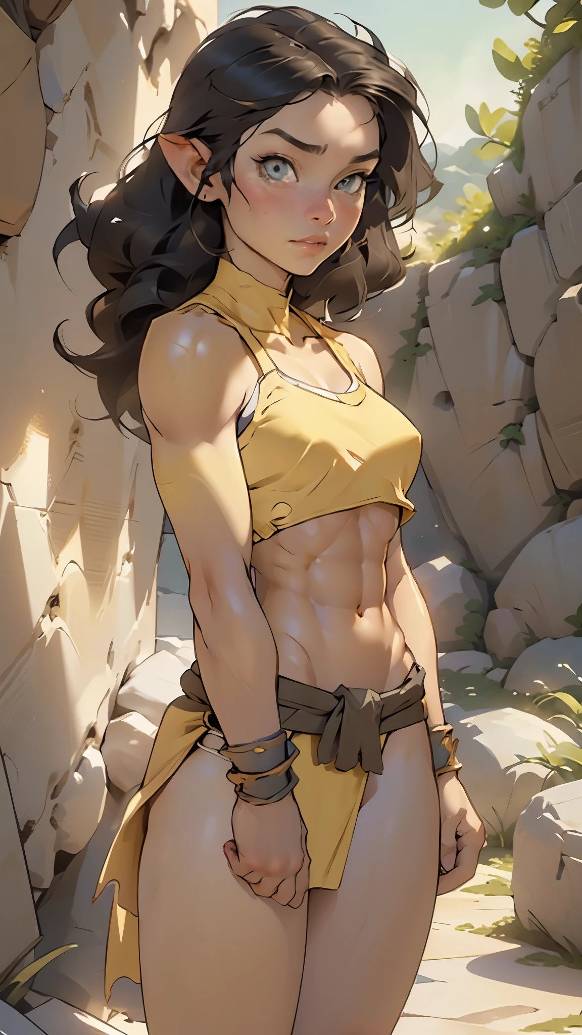 orc, orc girl, dark skin, mature orc girl, abs, toned,  long black hair,  heavy armor outfit, bikini armor, erotic expression, large breasts,((loincloth)),

(very yellow skin,yellow colored skin,(yellow colored skin),yellow skin,yellow face)

muscle legs:1.5,muscular thighs:1.5,muscular girl:1.5,muscular:1.5,feminine and muscular,((ABS:1.5)),arm muscle:1.5,Strong physique,bulky:1.5

(dynamic pose:1.0),(centered,scale to fit dimensions,Rule of thirds,cowboy shot),

desert scenery:1.25,((stones scenery)),

((best quality)), ((masterpiece)), (detailed), Realistic Shadows, Detailed skin, Very detailed, highly detailed face, Perfect face shape, Perfect lips, Perfect nose, Correct beautiful eyes, Watching Viewer, Best Quality, (nsfw:0.5), ((flat chested, flat stomach, baby face)), (intense colors), ((3d)),

