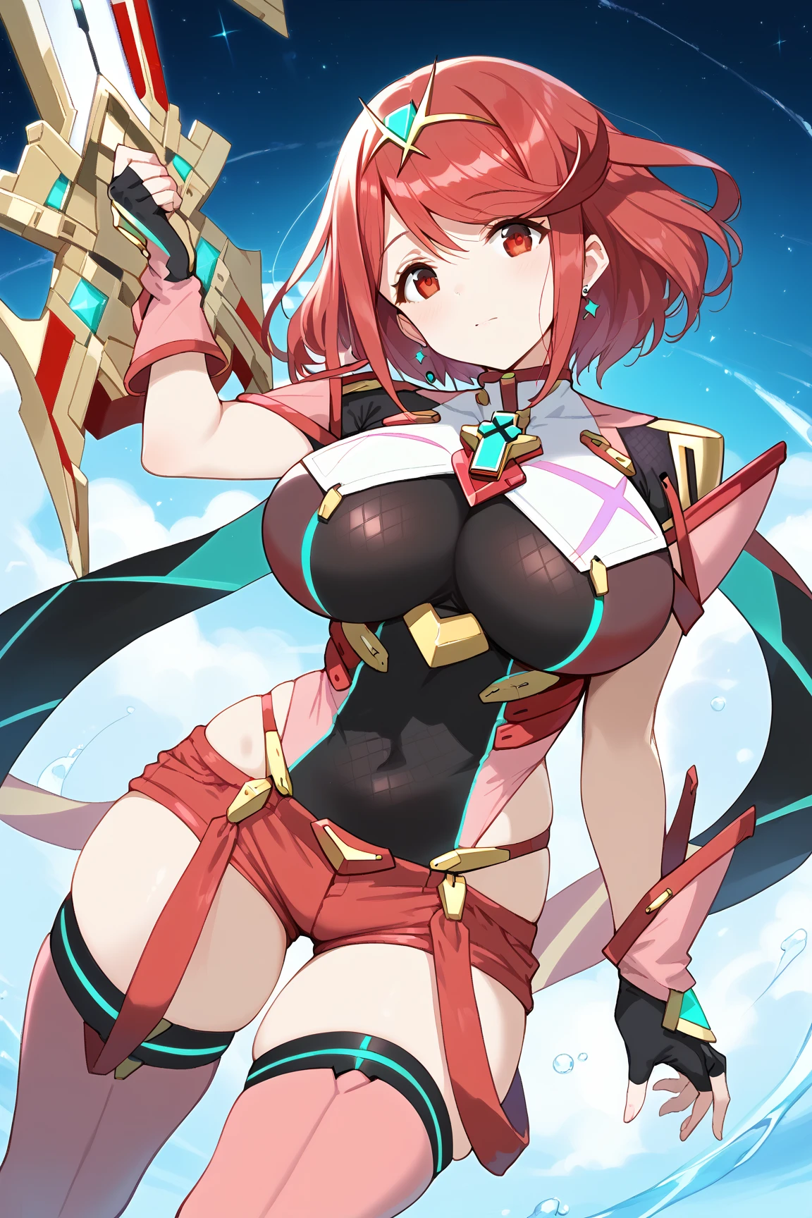 score_9, score_8_up, score_7_up, BREAK, absurdres, highres, (masterpiece), pyra \ (xenoblade\) , 1girl, full body, legs visible, armor, bangs, black gloves, breasts, red eyes, closed mouth, earrings, eyelashes, fingerless gloves, floating hair, framed breasts, gem, gloves, hair ornament, headpiece, jewelry, large breasts, leaning back, leotard, neon trim, official art, pose, red hair, red shorts, saitou masatsugu, short hair, short shorts, short sleeves, shorts, sidelocks, skin tight, solo, standing, swept bangs, thighhighs, tiara, space background, turtleneck, underbust, vambraces, xenoblade chronicles \ (series\) , (xenoblade chronicles 2) , thick thighs, huge ass, curvy, MILF, solo, solo focus, mature female, fat mons, plump