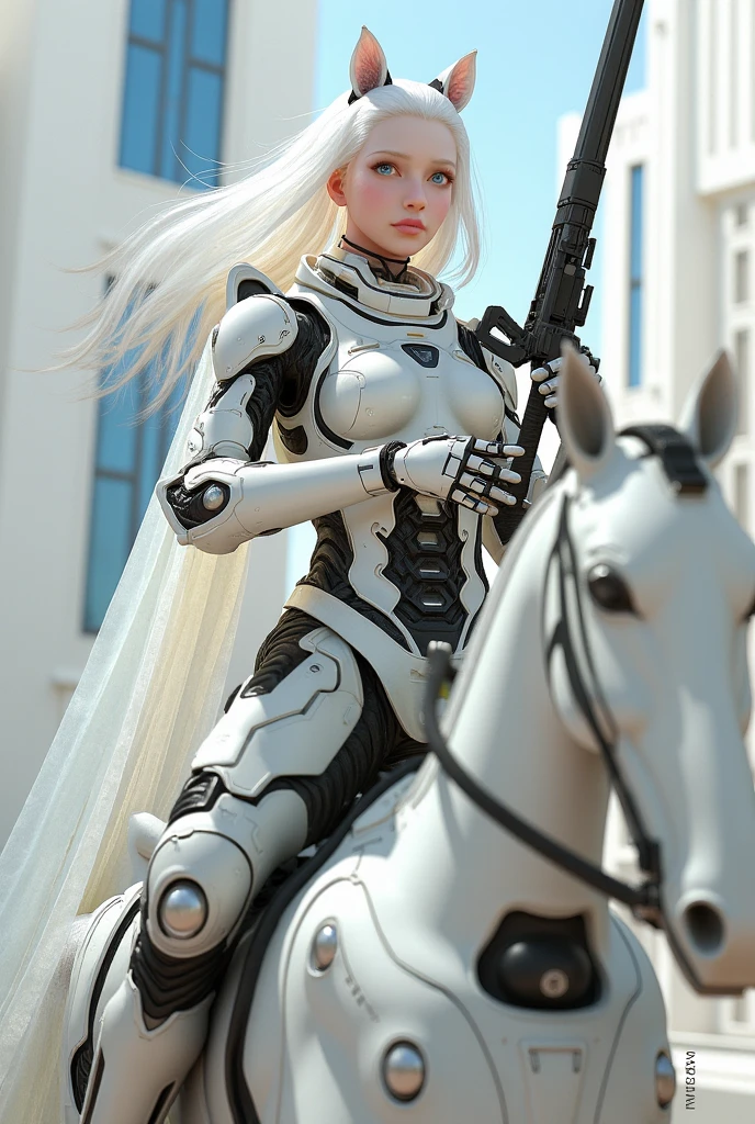 a semi robotic female knight riding a white mechanical horse with flowing long hair and holding a handgun is a future police officer,white future technology style,