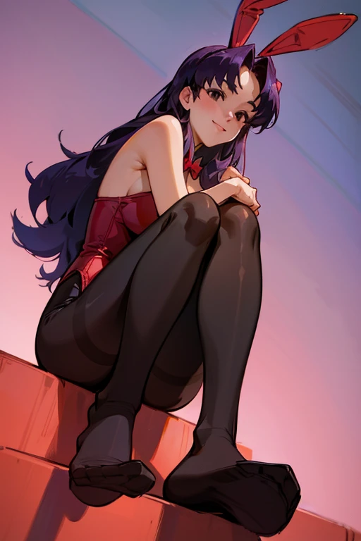 misato, black eyes, parted bangs, long hair, pantyhose, no shoes, playboy bunny, sitting, smile, from below, highly detailed, HD, 4K, Masterpiece, highres