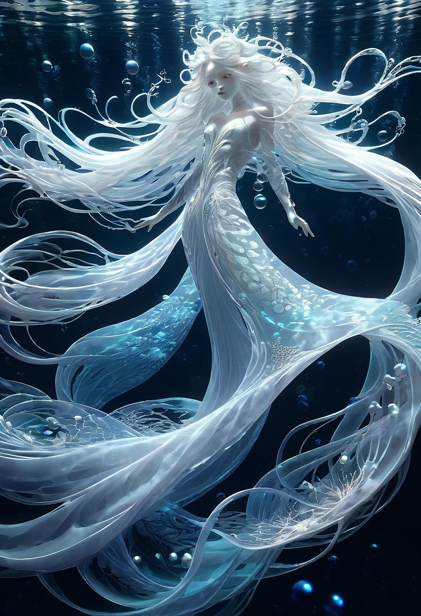 A beautiful ethereal underwater creature, long flowing white hair, translucent skin, swirls of dark water, luminescent bubbles, surreal, dreamlike, serene, otherworldly, intricate details, high quality, 8k, photorealistic, masterpiece:1.1), (HD quality:1.1)(best quality:1.1),