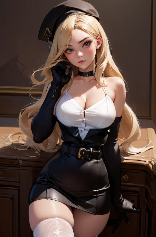 ((sexy)),(masterpiece, best quality:1.4), absurdres, highres, ultra detailed, beautiful, 1girl, (secretary), (perfect face, detailed face, beautiful:1.3), (natural breasts, cleavage), collarbone, fingerless gloves, gloves,spaghetti strap top, black pencil skirt, tight, over the knee skirt, hat, elegant secretary outfit, thighhighs, thick thighs, thighs, multiple belts, ((sexy)), SFW,((legs spread))More detailed 8K.motor irreal:1.4,UHD,La mejor calidad:1.4, fotorrealista:1.4, textura de la piel:1.4, obra maestra:1.8,obra-prima, mejor calidad,objeto Objeto], (detailed face features:1.3),(manos detailed)