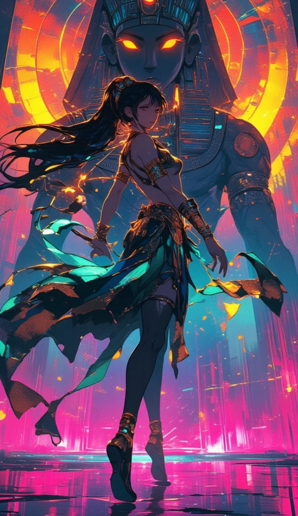 a young korean girl.
 black hair , Foot-length . 
 is dressed in Egyptian style, sexy.
dancing.
 In the background the image of Osiris , scary.
neon effects.
32k anime style, HDR, UHD, intricate detail, extremely intricate detail, hyperrealistic, extremely realistic, high quality, vivid color, extremely detailed, a masterpiece).