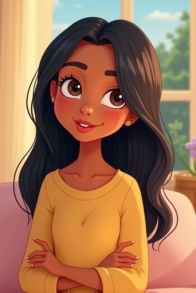 Cartoon of Cinnamon-Skinned Mom with Straight Black Hair 