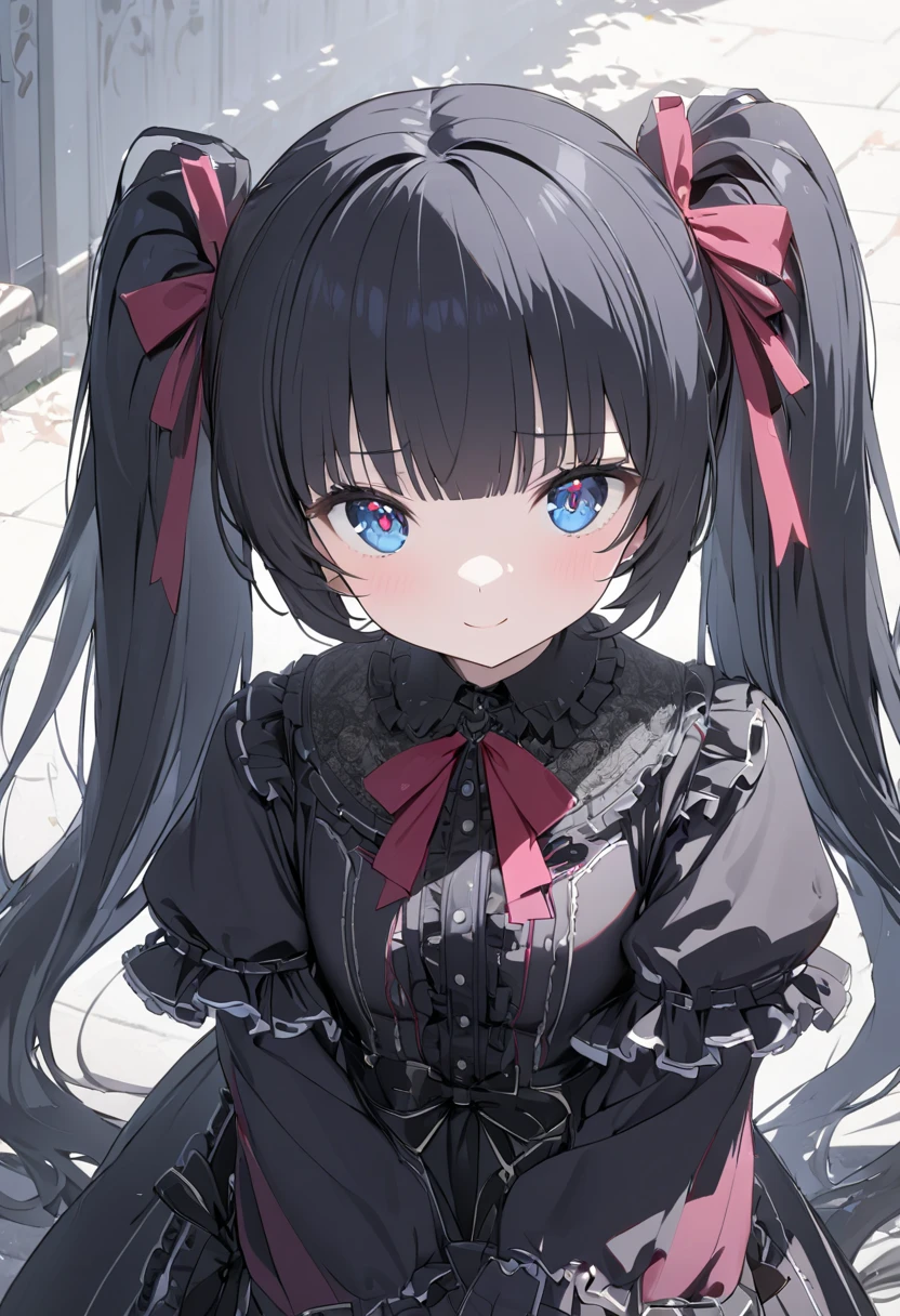 masterpiece 最高品質 Unity 8k,(1 person,  cute young woman, Age 15, medium bust ,  black hair,  twin tails、Big red ribbon、Blue Eyes),delicate beautiful eyes , eyes are drawn in detail , high definition , masterpiece, pictures of girls , cute and beautiful face down to the last detail、Beautiful Bangs, Bangs between the eyes, very long hair,smile(jiraikei (pink gothic lolita:1.3)), lace up boots,Outdoor