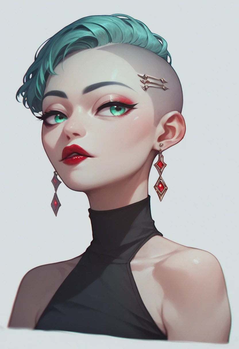 Korean pretty woman with korean features, young face, turquoise buzz cut shaved, light blue-green eyes, pale skin, gloss lips, red lipstick, attractive lips. Small silver sun earrings, black top cropped with hood.