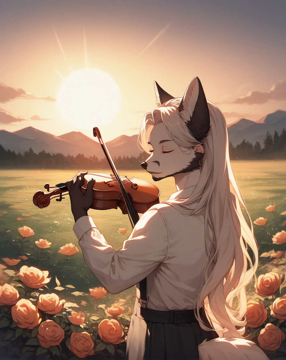 A fox, Black and white fur, masculine, Hairstyle (Long hair), wearing a blouse, playing a violin, stopped, in the middle of a field of flowers, sun, sunset, behind, with eyes closed, youthful face, short beard, necessary, Alta resunución.