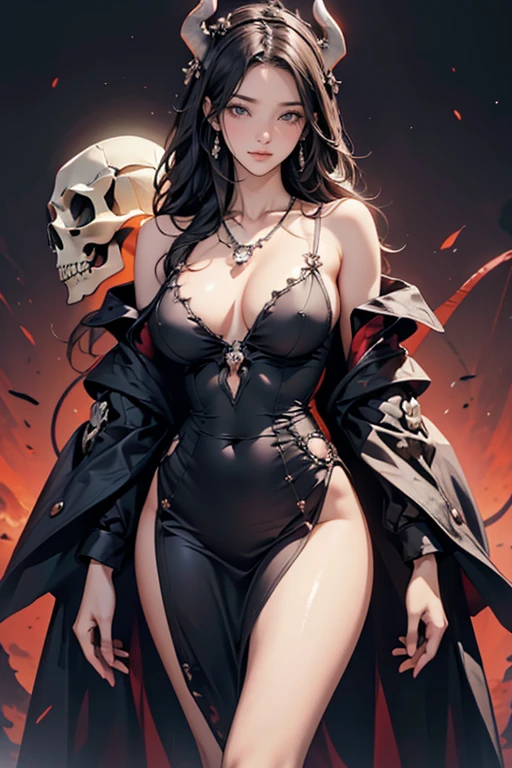 A Strawberry, ((Masterpiece, top quality, high resolution, highly detailed CG unified 8K wallpaper)), (huge stunning goddess shot, very hot and sexy, jaw-dropping beauty, perfect proportions, beautiful body, slim body beauty:1.3), (dynamic pose, dynamic composition),(demon skull head necklace:1.5),