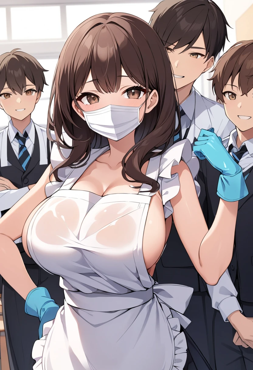  with a bright expression ,  big boobs,  short dark brown hair, Dark brown eyes ,  wear a white cotton apron, Wear rubber gloves ,  wear a white mask , Surrounded by several male students in the middle of a classroom