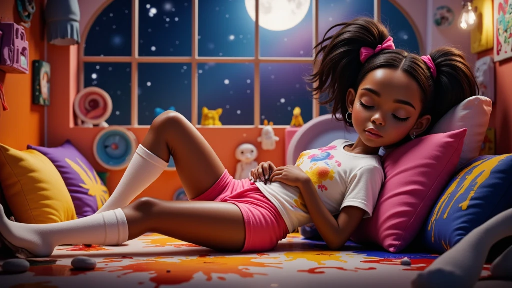 Inspired by Disney-Pixar 3D posters, the scene shows a****, , AGE:10, 10 ANOS DE IDADE, girl, light brown skin, African descent, curly hair tied in a ponytail, a pink lock of hair, lying down with her eyes closed, clearly sleeping peacefully and happily. It is night, the moon is full and the stars shine breathtakingly, and the room has a soft glow that exudes a magical and peaceful atmosphere. The girl is surrounded by creative chaos: vibrant paints scattered everywhere, cushions of various colors around her, brushes and open paint pots, with splashes covering the floor, the cushions and even her own clothes. Her white T-shirt and pink shorts, short and sexy, tucked into her vagina so tight, white socks up to her knees. A huge window shows the beauty of this special night. They are stained with paint, her body is covered in splashes and traces of paint, but this adds to the feeling of creative joy. Her expression conveys peace and contentment, as if she had fallen asleep in the middle of an imaginative painting session. The scene, although messy, is enveloped by a playful and comforting atmosphere, highlighting creativity and dreaming.