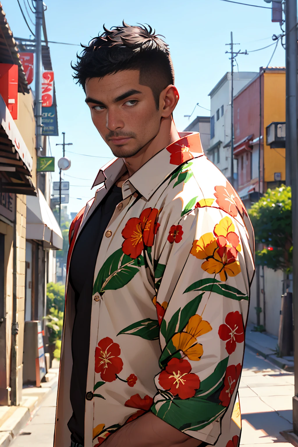 (Masterpiece, high resolution, best quality), solo, 1 male, 50-years old man, asian, black hair, crew cut, slant eyes, tall and muscular, aloha shirt, looking at viewer, upper body, cityscrape background