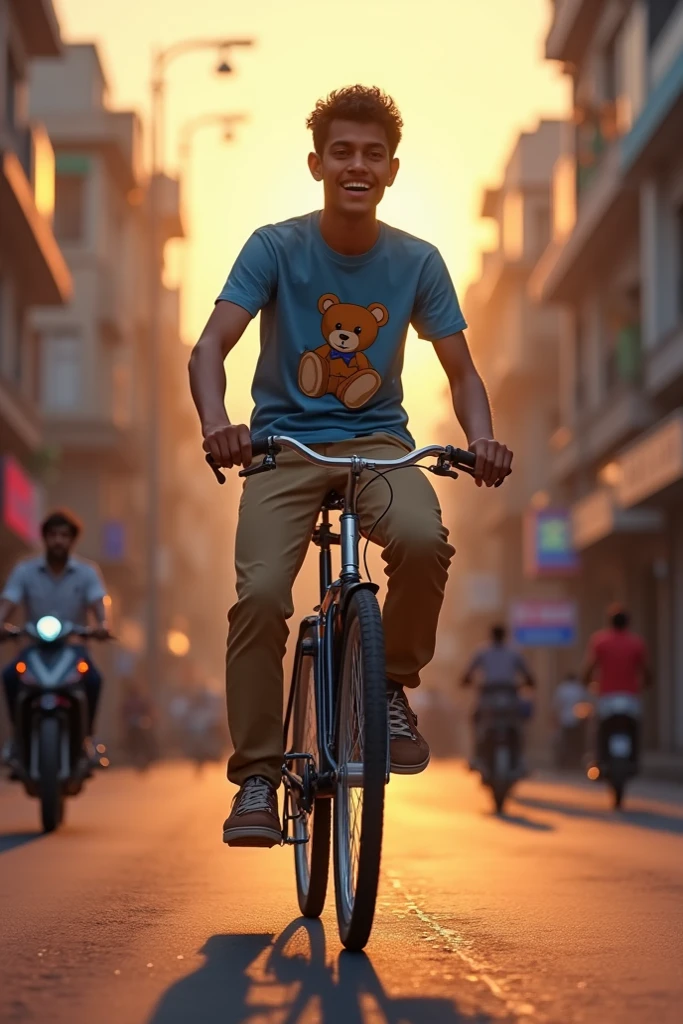picture of a boy in a white shirt red shorts yellow sneakers on a bicycle running between cars