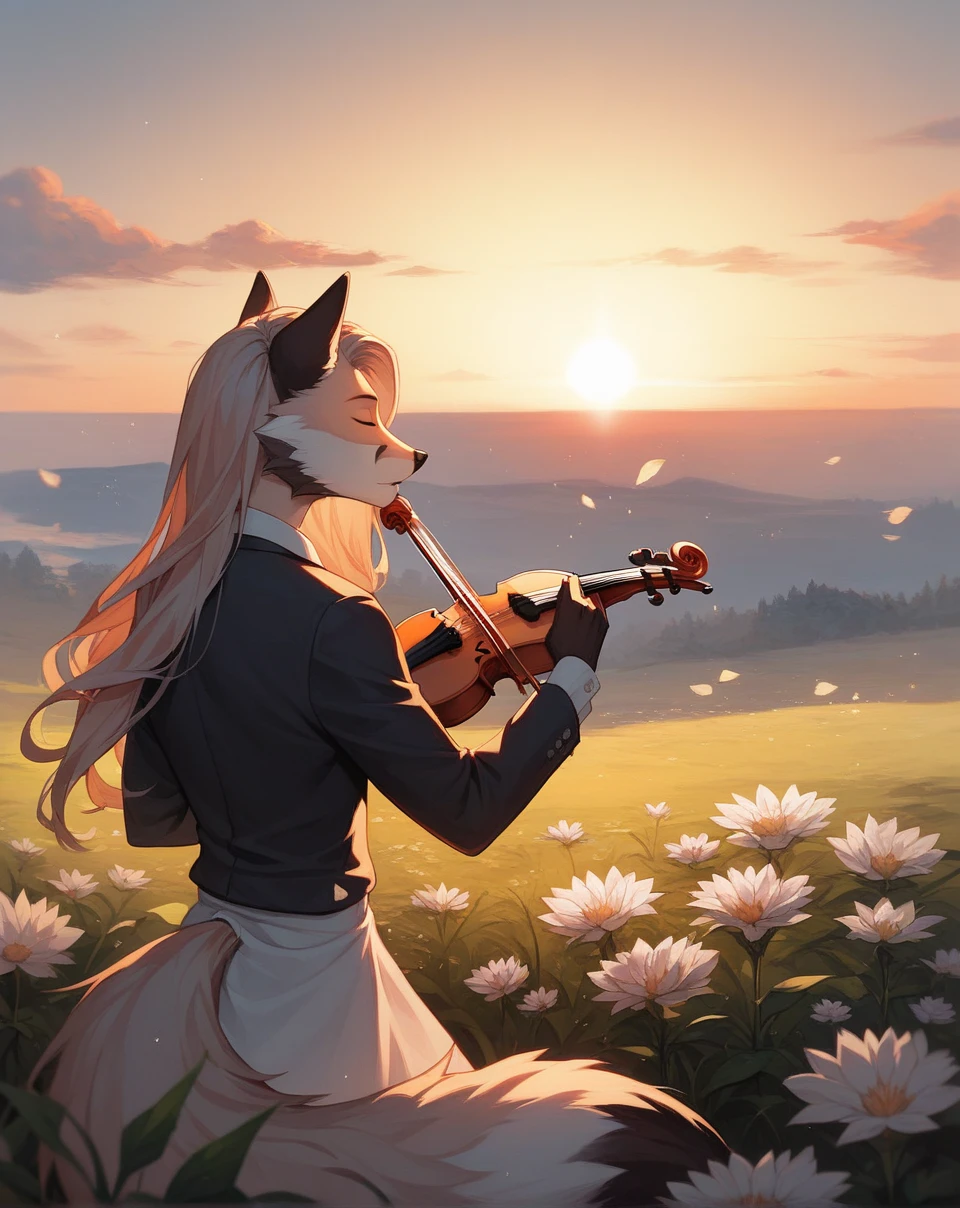 A fox, Black and white fur, masculine, Hairstyle (Long hair), wearing a blouse, playing a violin, stopped, in the middle of a field of flowers, sun, sunset, behind, with eyes closed, youthful face, short beard, necessary, Alta resunución.