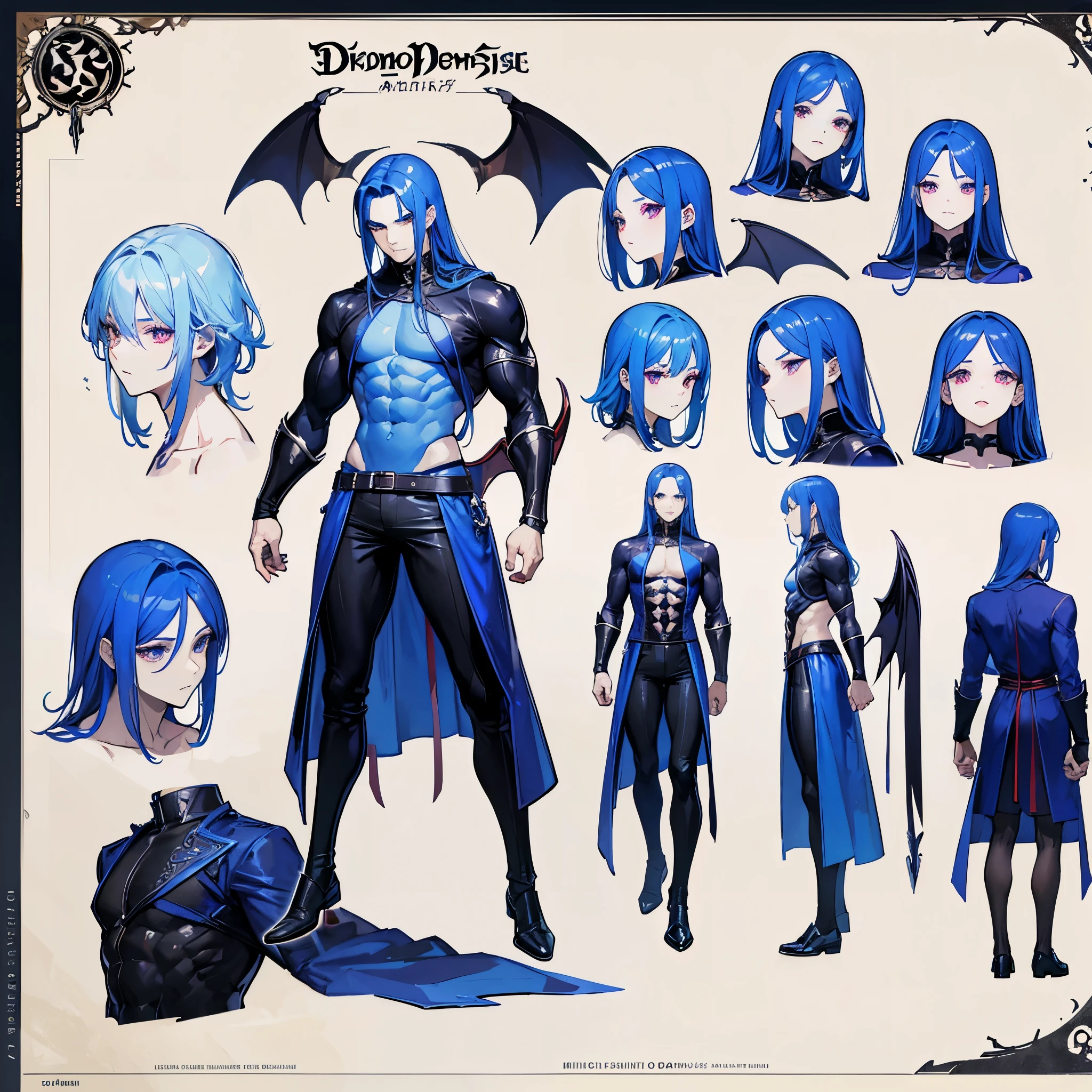 (Masterpiece, best quality), detailed, 1 man, ((character concept art)), ((character design sheet, same character, front, side, back)), full body, body complete, 1 Male angel, 1 Man angel, Detailed face, character design sheet，full bodyesbian, Highly detailed, character sheet, character design, Many parts, dark skin, angel wings, long ponytail blue hair, angel outfit, muscle male god, male clothes, masculine, muscle man, male muscle, manly, male angel, Muscle male with long ponytail blue hair，beautiful man, beautiful muscle man