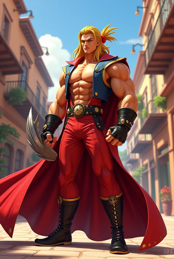 A blonde elf with an undercut haircut and long ears and extremely muscular, a warrior with huge muscles, white clothes she wears an imperial uniform showing her strength of the white color, your corneas eyes are of a flaming dragon, undercut haircut on the shaved part of the hair with a dragon design, She has horns that come out from behind her skull and go forward like a crown., has clenched teeth, She wears a giant red cape with a high collar and is very flashy., His muscular arms show prominent veins, highlighting his physical strength., Maori tattoos up to the forearm, has claws instead of nails, is laughing with his mouth open in a villainous pose. Extremely muscular woman. voluptuous. Art drawing Cartoon 2D. Size 1920x1080