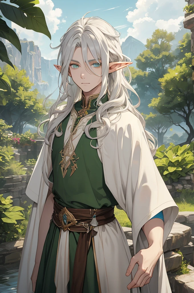 create image of an elf man, male elf, male, slim but defined, pale skin, white hair and eyes, gray, other colors but as if they were cloudy: green, earthy brown, blue; curly flowing hair that reminds of clouds. Rustic, closer to nature