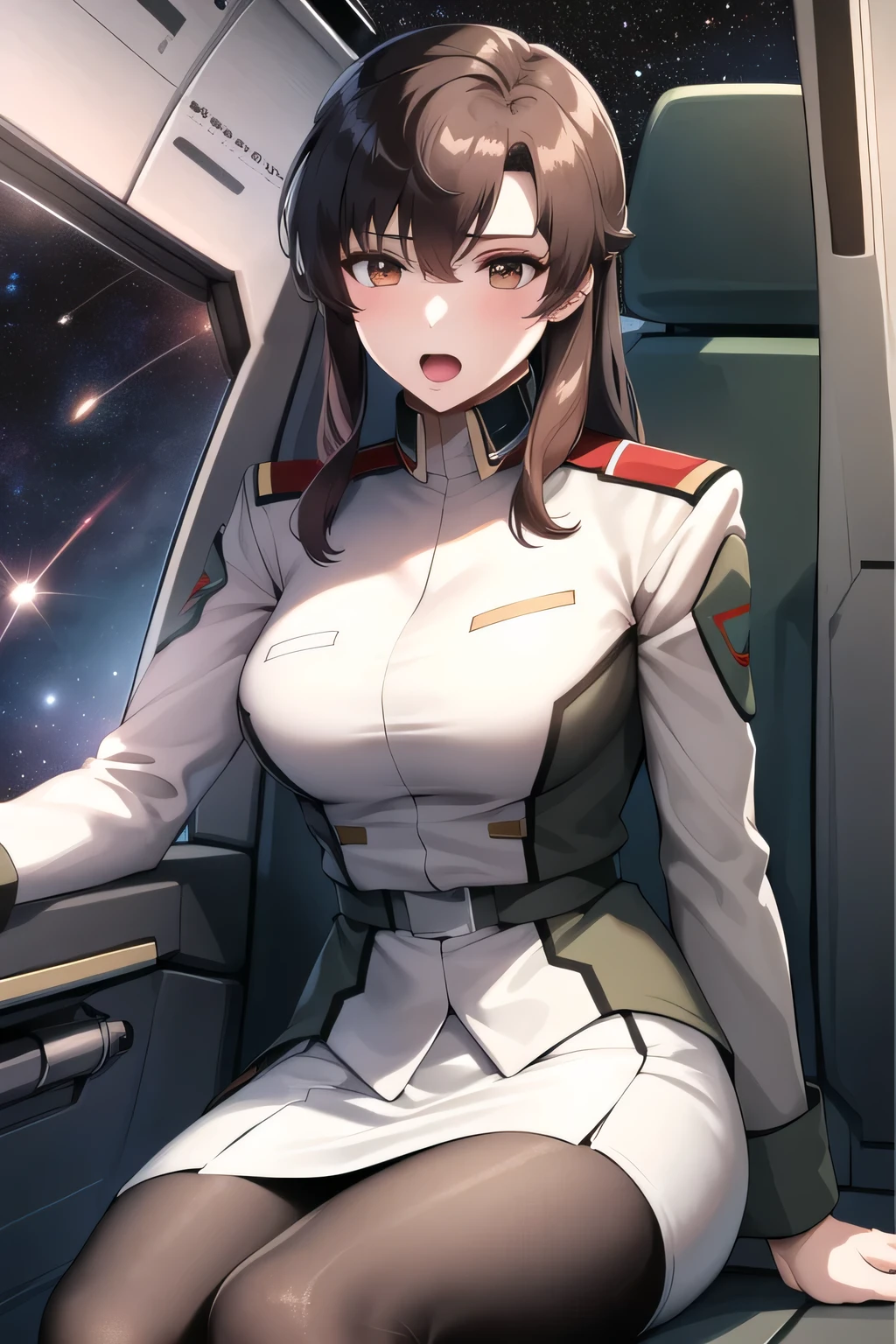 masterpiece,     best quality,     high definition    ,  friendly １  ,     1 girl, Alone, (black_    pantyhose:1.1), military uniform, military, Compensate,     white shirt,  White Skirt,     tight skirt    ,     is sitting,     upper body,     cockpit , space,     open your mouth,