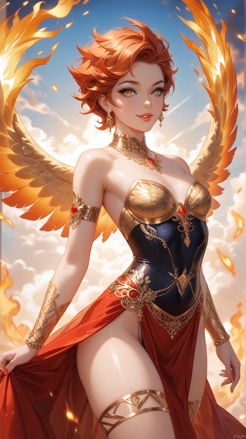 Realistic, (masutepiece, of the highest quality, Best Quality, Official art, Beautiful and aesthetic: 1.2), Very detailed, Fractal Art, Colorful, best detailed, Sagittarius, (Abstract background: 1.5), (1girl in: 1.3), (hawk class),Red hair, Bright eyes, earnest, Combed bag, Short hair, Milky way, huge magical gold Sagittarius astrolabe, dream, Fantasy, gold trim,Beautiful detailed sky, Style and Decoration for Sagittarius, Goddess of Sagittarius, (NSFW:0.8), Delicate meat and high glass guardrail board、the bow、arrow