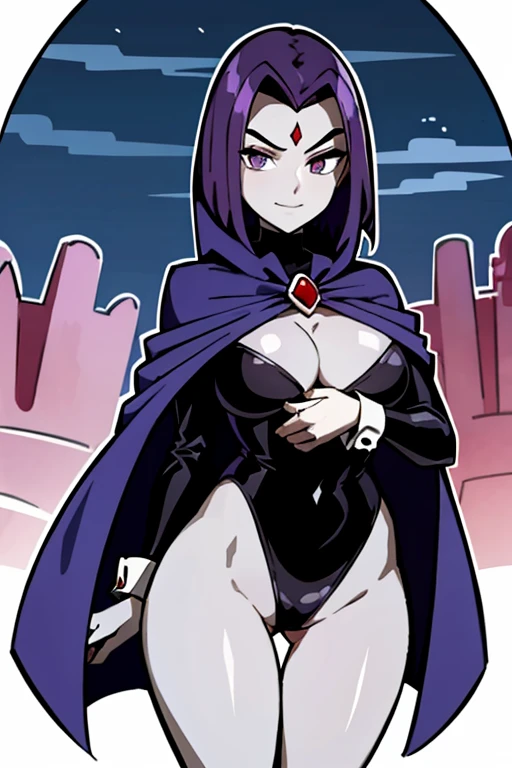 RavenTT,  purple eyes,purple hair, red jewel on the forehead, gray skin,blue cloak,Black leotard,brooch,  looking at the spectator, grave, shy smile, romantic atmosphere, Extreme detail,  masterpiece, beautiful quality,  big thighs ,  full body