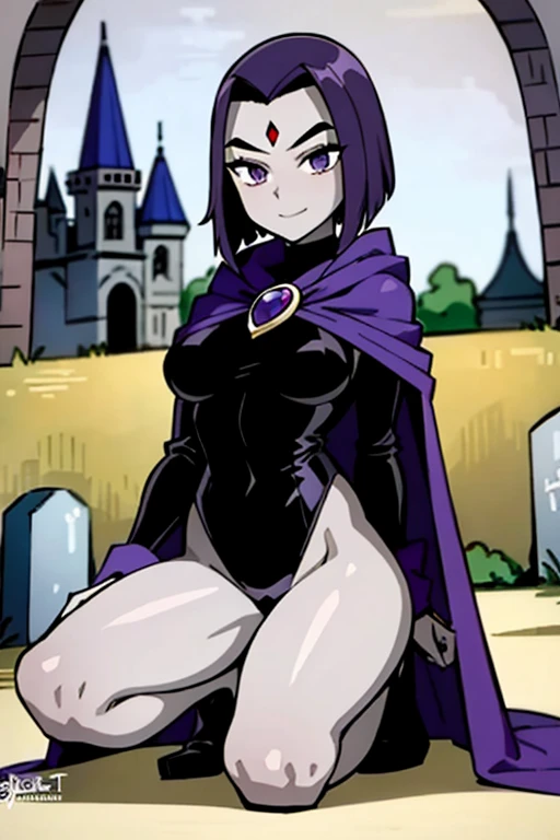 RavenTT,  purple eyes,purple hair, red jewel on the forehead, gray skin,blue cloak,Black leotard,brooch,  looking at the spectator, grave, shy smile, romantic atmosphere, Extreme detail,  masterpiece, beautiful quality,  big thighs ,  full body