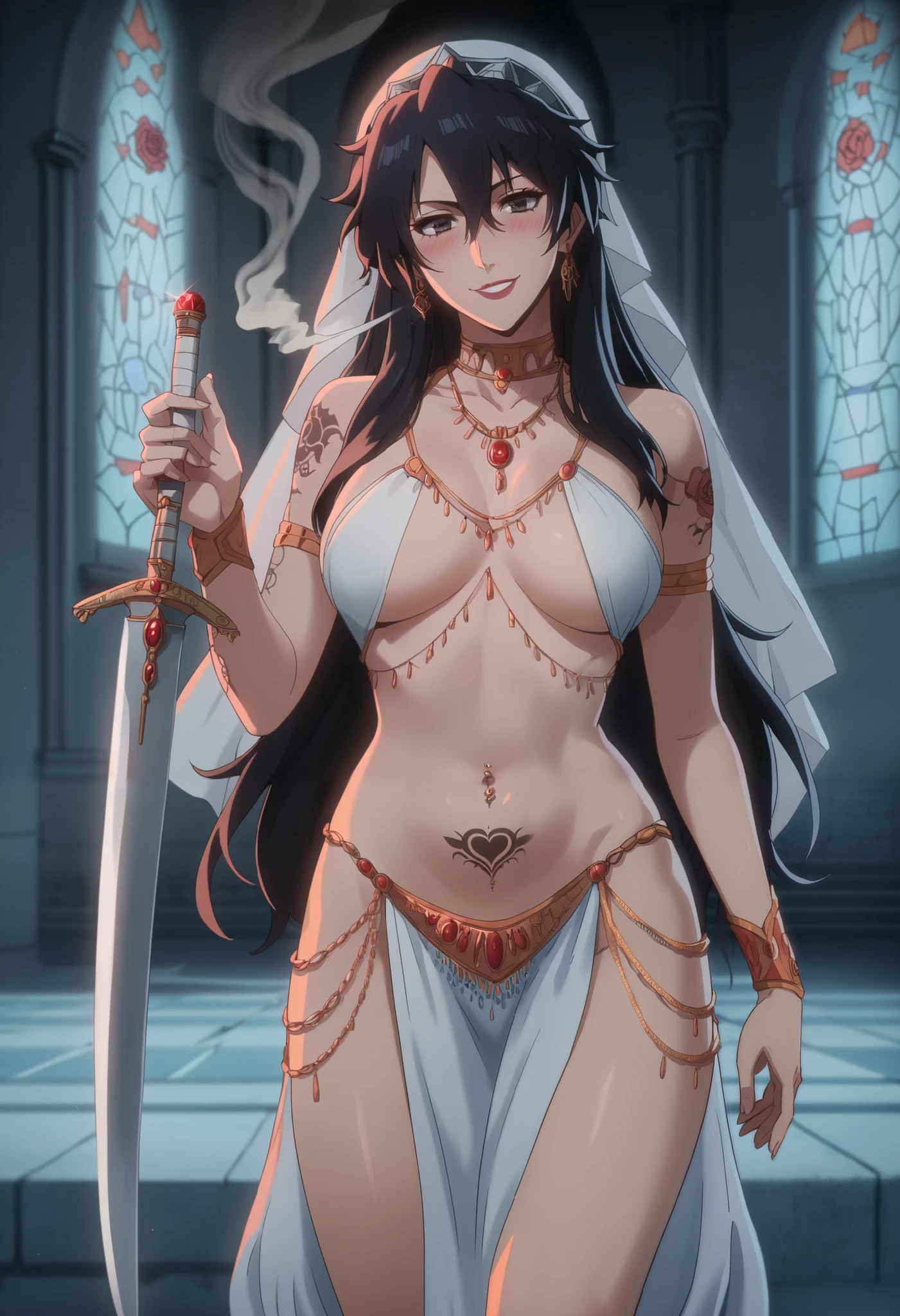 bambietta, 1girl, long hair,hair between eyes,bangs,black hair, ear piercing, long hair, blush, lipstick,Hot girl, baddie, smoking, sensual, attractive ,masterpiece, best quality, highly detailed ,,gold_choker, , holding a sword, sword, belly_chain,harem_outfit,navel, necklace,
pelvic_curtain,revealing_clothes, veil,masterpiece,best quality,1girl,mature,evil smile, smile,
female,mature,necklace,pendant, (nsfw) not safe for work, exposed belly, exposed navel, exposed
midriff, exposed lower belly, castle,inside castle,, navel piercing, tattoo, tattoo midriff, rose tattoo,