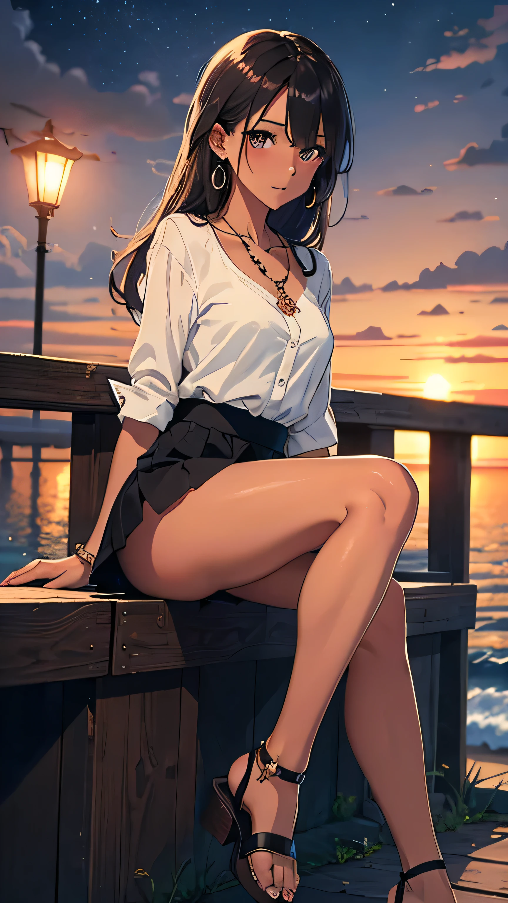 girl, 21 years old, alone, anime style image, medium breasts, 4k, brown hair with purple highlights, long straight hair, modern pier, brown eyes, A light silk blouse with a tight cut and a V-shaped neckline that shows a little skin.
Bottom: A mini skirt made of lightweight fabric that falls just above the knee and has a bit of a flare at the bottom.
Shoes: A pair of soft leather high-heeled sandals that complement the skirt and blouse.
Accessories: A delicate necklace with a small moon-shaped earring that adds a touch of flirtation to the outfit.