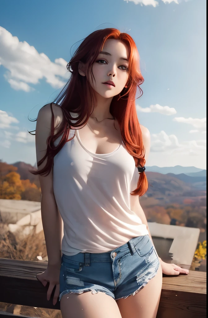 ((ROW фото )), ((high quality)), ((Photorealism)), masterpiece, Clarity, detailing, high sharpness, sexy girl along the great wall of china with her friends, backpack, sportswear, Evening, big green eyes, (( Red hair )) , freckles, small parts, small breasts, pleasure, Bright studio lighting, smile,