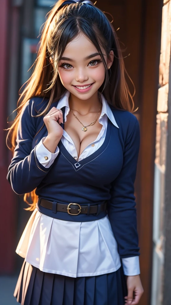 a closeup, ​masterpiece, top-quality, FULL ANATOMY、Raw foto, Photorealsitic、(Cute little face:1.4)、(Very cute smile:1.7)、(with round face:1.8)、(She looks like an idol and is cute:1.7), (A dark-haired)、(cute school uniform:1.7), depth of fields, hight resolution, ultra-detailliert, finely detail, ighly detailed, extremely detailed eye and face, Realistic pupils, foco nítido, Cinematic lighting、18-year-old woman、(One lady、Only one person、独奏、without background:1.9)、 (poneyTail、curlyhair:1.4)、Very detailed 8k wallpaper、Show me your whole body、Looking at the camera、(Too short plaid pleated skirt、I can see the white panties、Plump panties、Lift the hem of the skirt with both hands、Showing her panties to the camera:1.7）、(Brown Long Boots:1.6)、Angle from below、(Thigh close-up:1.6)、(Nice figure、big breasts thin waist)、(Clothes with emphasized chest bulge、Colossal tits:1.9)、Background depth of field