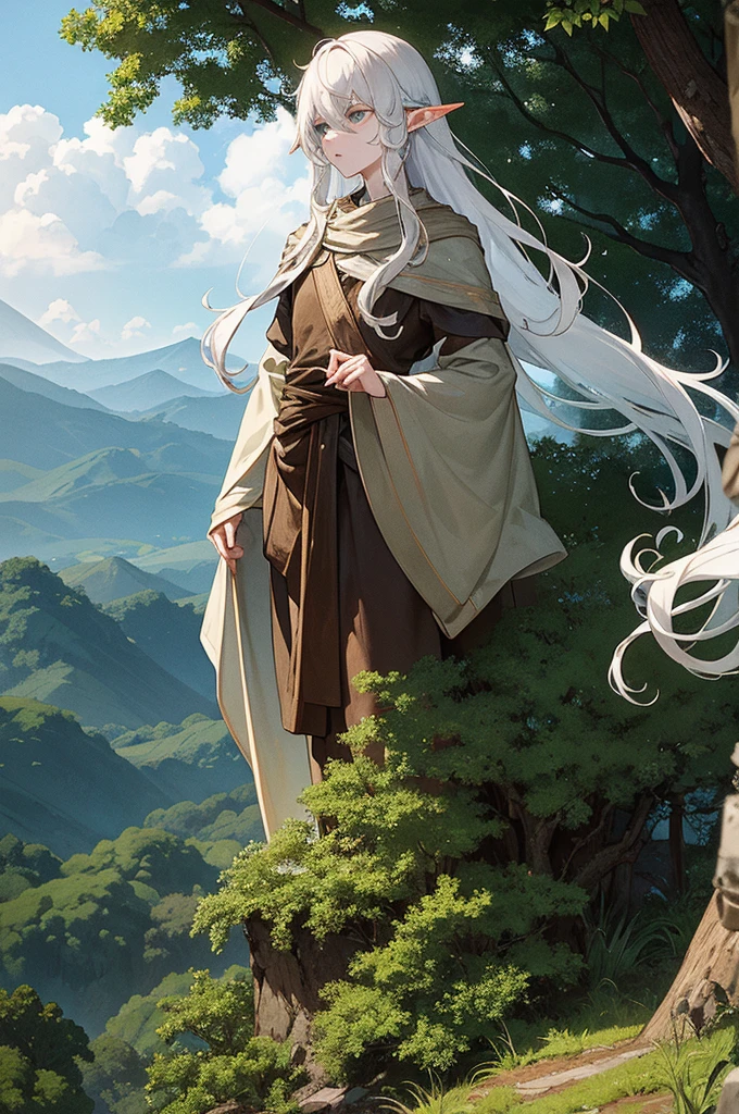 create image of an elf man, male elf, male, slim but defined, pale skin, white hair and eyes, gray, other colors but as if they were cloudy: green, earthy brown, blue; curly flowing hair that reminds of clouds. Rustic, closer to nature