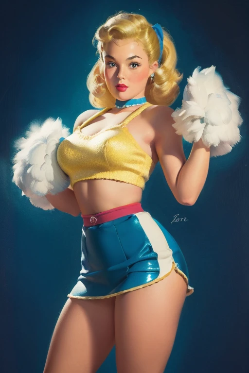 20 years old Girl in school gym, sexy Riverdale High School cheerleader outfit with blue and gold pom poms, medium breast, shining skin, dramatic lighting, pin up style, sexy, surprised, , colorful , masterpieces, illustrated, shining skin, detailed face, Medium breast. tight body. blonde hair, Illustrated BY Zoe Mozert,   pinup art byZoe Mozert,  vintage pin up, illustrated by Zoe Mozert, girl pinup, pinup girl, pin-up poster girl, pin up girl, pinup, pin - up girl, Detailed face, Detailed Hands, Detailed legs,
