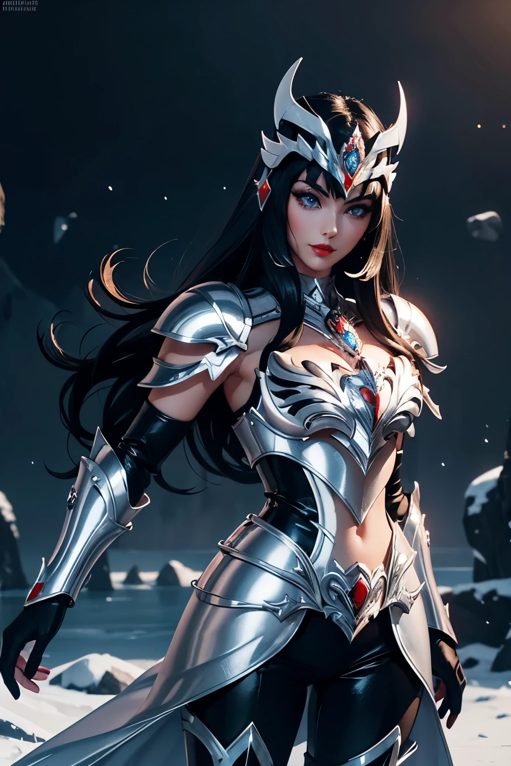 here is an adult European woman in a Penguin Armor , Saint Seiya , Penguin Black and White Armor, Dark hair, red lips, Eye shadow, natural makeup, long curved hait, beautiful chest, Second Life Avatar, Beautiful screenshot, Second Life, attractive woman, high quality, highly detailed skin, dynamic pose