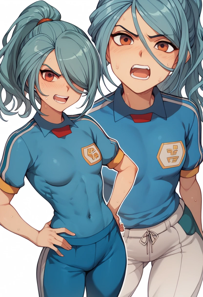  beautiful skin 、 with just the right amount of muscle、 best quality、 high definition 、Thighs、sweat、 textured skin、Angry face、Blue Hair、 ponytail 、One eye hidden、 open your mouth wide、 soccer uniform 、Small breasts、 pants that have a small hip area