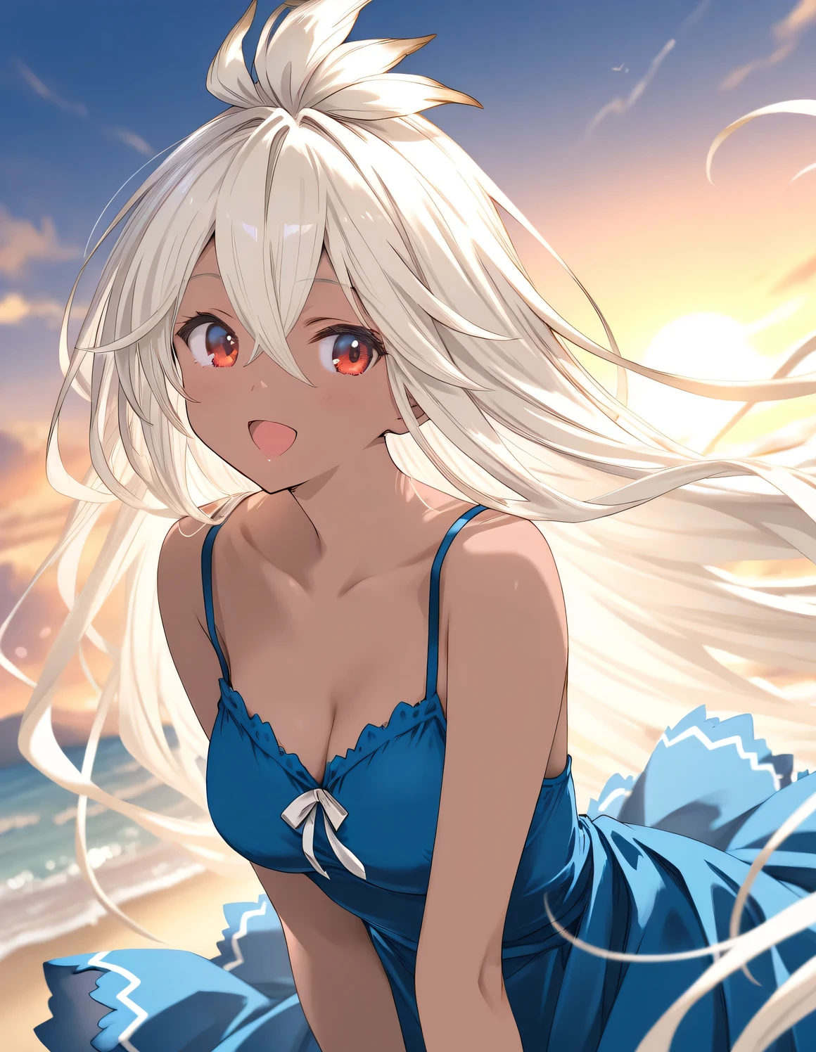 1girl, zooey_(granblue_fantasy), 13yo, dark-skinned female, very long hair, white hair, red eyes, beautiful detailed eyes, medium breasts,  open mouth, outdoors, wind, game CG break,((artist:shida_kazuhiro)),(artist:mitsumi_misato),(artist:fujiyama),,(masterpiece), (best quality), (ultra-detailed), very aesthetic, newest, beauty illustration,super detailed skin,  (masterpiece), (best quality), (ultra-detailed), very aesthetic lighting,hi res,absurd_res,2023,2024,(shaded),digital media (artwork), realistic lighting, 4k, 8k,