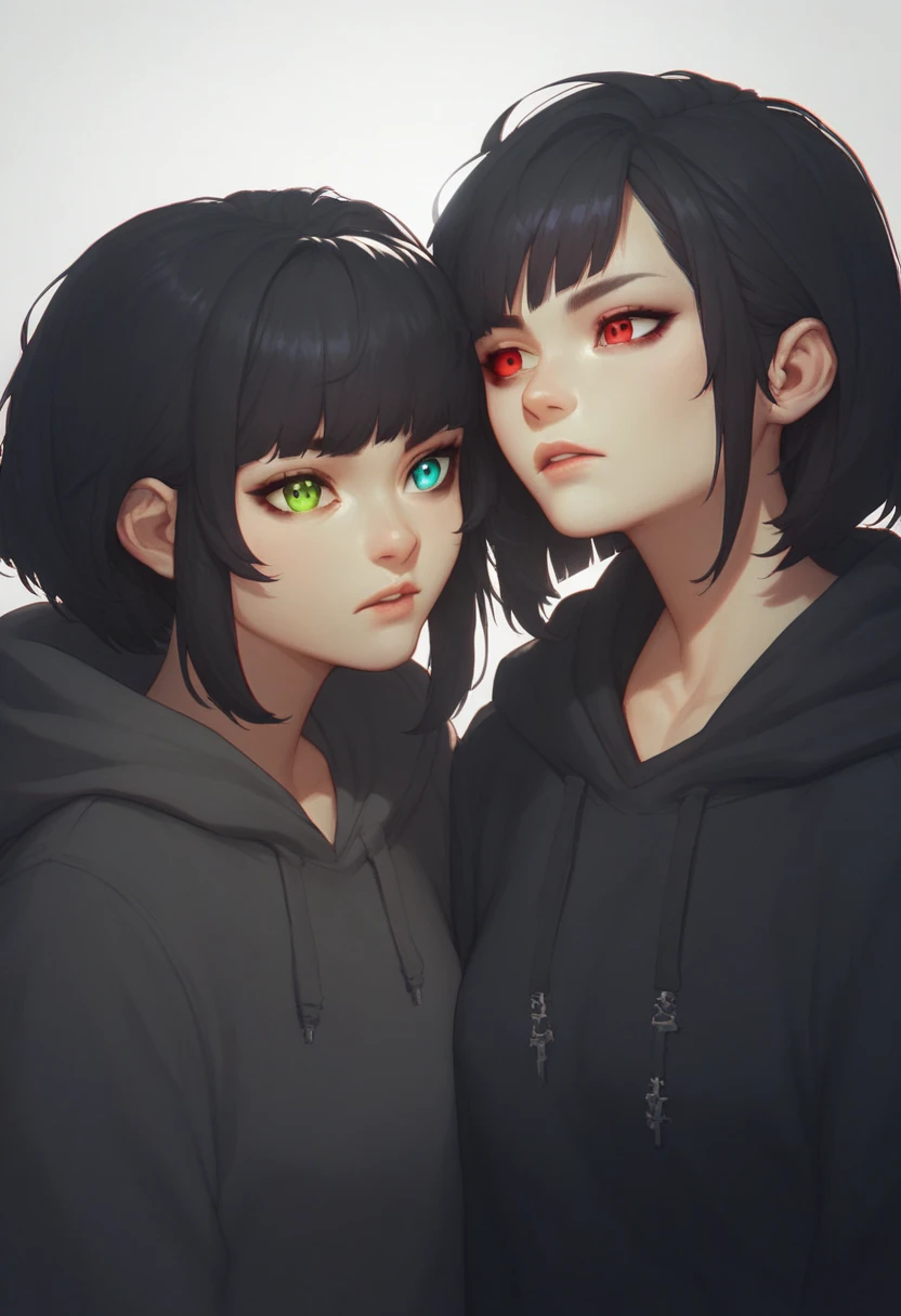 arcane style, A woman with long and straight black hair with bangs,  eyes with heterochromia ,  one blue-green eye and the other red eye. Asian features.  Woman wearing a black hoodie ,  black and basic clothes , sharp look. dark atmosphere,  Dim lighting, dynamic background of zaun . 