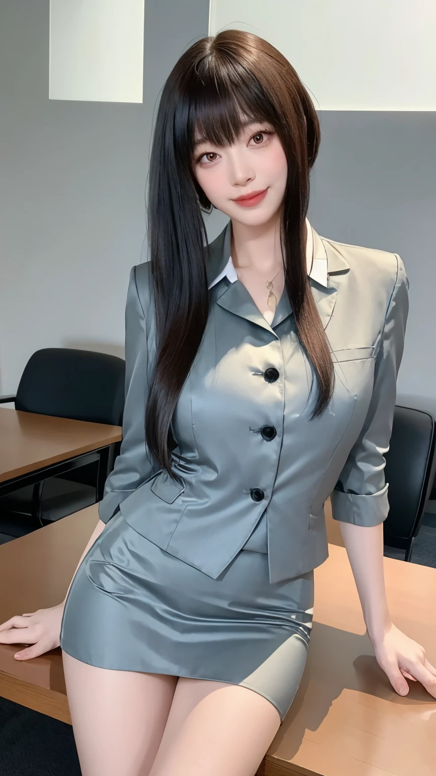 歩道に立つ Woman in a Suit ,((40-year-old woman))、Big Breasts、  dark brown hair color、.々 Hairstyle、 Hairstyles of different lengths、(8k,  RAW photo,  best quality,  table top : 1.2),、(Realistic, Realistic: 1.3), cityscape, day, Sunny Morning,  professional lighting,  photon mapping ,  shirt, ( Woman in a Suit ,) Silk Suit、  Pencil Skirts、 tight skirt 、((Delicate photo))，(***の詳細な RAW photo), ( table top :1.25), ( best quality:1.6), ( ultra high resolution:1.5), (Realistic:1.75), 8k resolution,  Canon EOS R5 , 50mm,  absurd,  super detailed, Movie Lighting,( upside down :1.2)、 Play:1.1、Windy、smile、 ã、 simple panties 