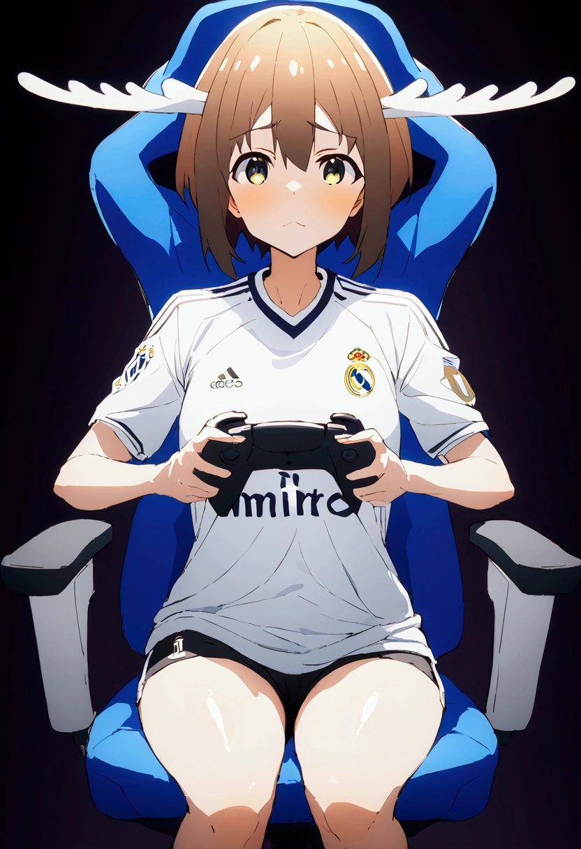 shikanoko :( best quality , ),sexually,  erotic, 18+, nsfw, 1 , 1 , Dressed in the Real Madrid jersey,  image quality 4k  , standing, straight posture, holding the ps5 controller, short shorts ,   sitting in the gaming chair  