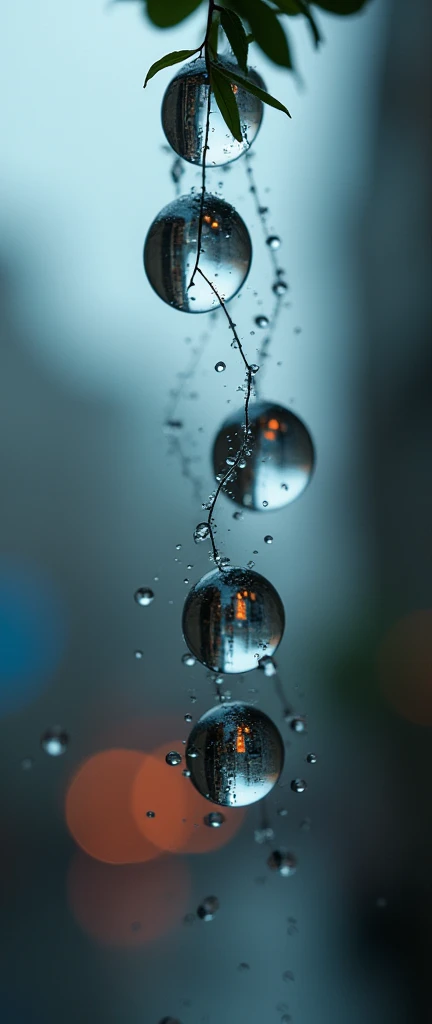 A photograph looking up at the sky. Many raindrops are falling. Focus on the raindrops. Each raindrop has a beautiful reflection of a cityscape. super close up of raindrops.beautiful scene