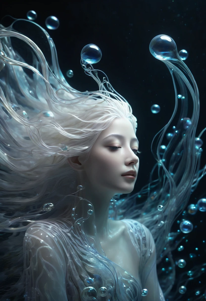 A beautiful ethereal underwater creature, long flowing white hair, translucent skin, swirls of dark water, luminescent bubbles, surreal, dreamlike, serene, otherworldly, intricate details, high quality, 8k, photorealistic, masterpiece:1.1), (HD quality:1.1)(best quality:1.1),