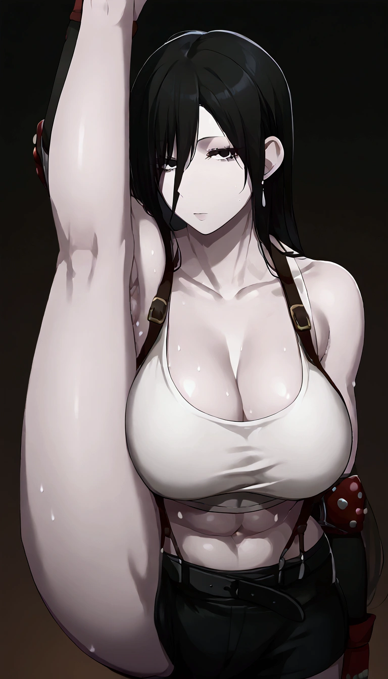 score_9, score_8_up, score_7_up, score_6_up, uncensored, yuurei, black hair, long hair, large breasts, pale skin, black eyes, BREAK detailed eyes, beautiful eyes, perfect eyes, assertive female, (perfect hands, perfect anatomy), detailed skin texture, (blush:0.5), (goosebumps:0.5), excessive sweating, sweating profusely, sweating drop BREAK, tifalockhartcosplay, tifa lockhart \(cosplay\), suspender skirt, suspenders, navel, midriff, white tank top, cleavage, elbow pads, crop top, tank top, shorts, short shorts, collarbone, gloves, elbow gloves, looking at viewer, expressionless, blank eyes, full body, boot, standing split, knee ups, armpit, dynamic angle, 