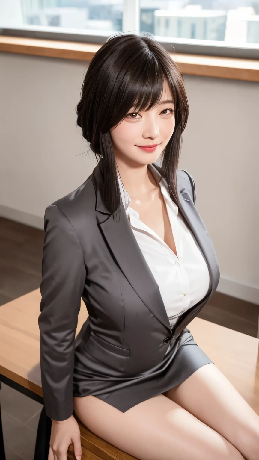 歩道に立つ Woman in a Suit ,((40-year-old woman))、Big Breasts、  dark brown hair color、.々 Hairstyle、 Hairstyles of different lengths、(8k,  RAW photo,  best quality,  table top : 1.2),、(Realistic, Realistic: 1.3), cityscape, day, Sunny Morning,  professional lighting,  photon mapping ,  shirt, ( Woman in a Suit ,) Silk Suit、  Pencil Skirts、 tight skirt 、((Delicate photo))，(女の子の詳細な RAW photo), ( table top :1.25), ( best quality:1.6), ( ultra high resolution:1.5), (Realistic:1.75), 8k resolution,  Canon EOS R5 , 50mm,  absurd,  super detailed, Movie Lighting,( upside down :1.2)、 Play:1.1、Windy、smile、 ã、 simple panties 