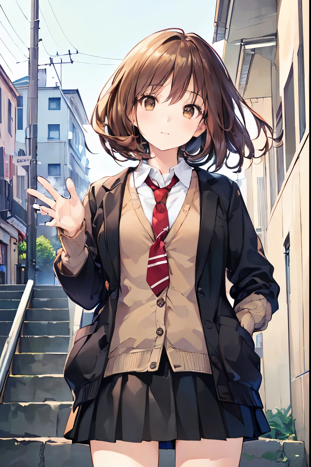 ((highest quality)), ((masterpiece)), (detailed), Perfect Face、((highest quality)), ((masterpiece)), (detailed), Perfect Face, superior, highest quality, High resolution, Hmph, Perfect Pixel, 4K, Hmph, Hmph))), 1 girl, single, alone, Beautiful woman、I could see the whole body、 ((Mid-wave hair, bangs, Brown Hair)), ((Brown eyes, Beautiful eyelashes, Realistic eyes)), ((detailed face, blush:1.2)), ((Smooth texture:0.75, Realistic texture:0.65, Realistic:1.1, Anime CG Style)), Medium Chest, Dynamic Angle, Perfect body, ((Red bow tie, , Black jacket, Open jacket, Brown cardigan, White shirt, Black Skirt, Check skirt)), City Stairs、階段の下から見superiorげる、Very embarrassing panic smile, looked back、Lean forward、(The wind flipped up her skirt, Exposing your buttocks..、Hurry up and grab my ass、Pink lace panties:1.3)