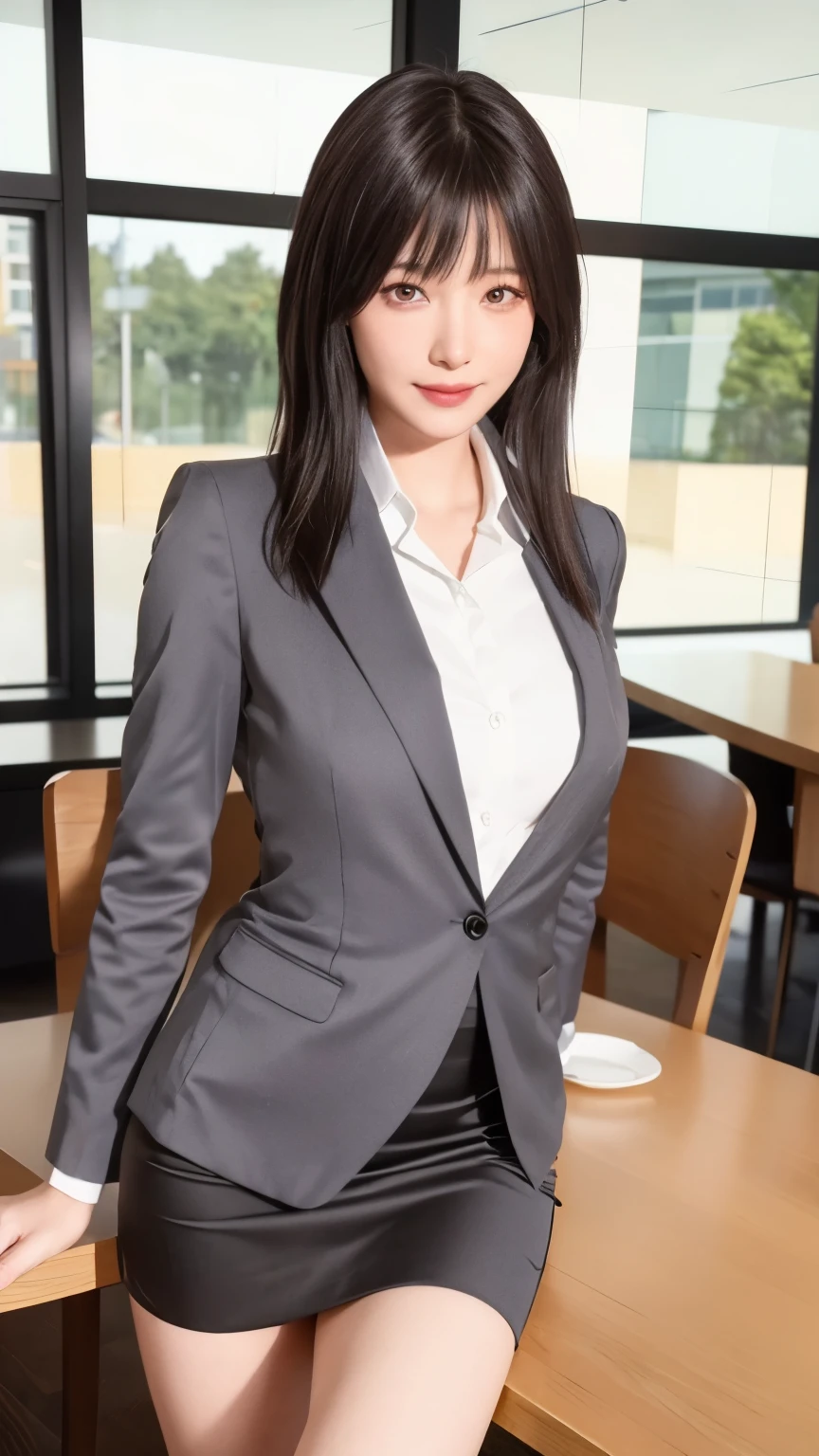 歩道に立つ Woman in a Suit ,((40-year-old woman))、Big Breasts、  dark brown hair color、.々 Hairstyle、 Hairstyles of different lengths、(8k,  RAW photo,  best quality,  table top : 1.2),、(Realistic, Realistic: 1.3), cityscape, day, Sunny Morning,  professional lighting,  photon mapping ,  shirt, ( Woman in a Suit ,) Silk Suit、  Pencil Skirts、 tight skirt 、((Delicate photo))，(***の詳細な RAW photo), ( table top :1.25), ( best quality:1.6), ( ultra high resolution:1.5), (Realistic:1.75), 8k resolution,  Canon EOS R5 , 50mm,  absurd,  super detailed, Movie Lighting,( upside down :1.2)、 Play:1.1、Windy、smile、 ã、 simple panties 