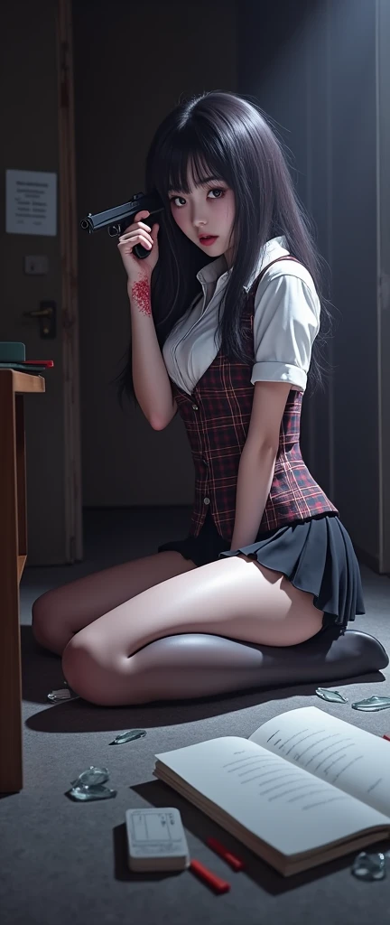 (full figure:1.1), (1 girl as yukino yukinoshita:1.5), highres, solo, big breasts, waist long black hair, (twintails:0.5), (pleated school miniskirt:1.5), (black knee high socks:1.5), (loose red ribbon:1.2), (cotton skirt:1.5), (unbuttoned white shirt:1.4), (ahegao:1.5), green eyes, (rolling eyes:1.5), (torn clothes:1.5), (naked breasts:1.5), spread legs, (squatting:1.1), legs wide open, (drugged:1.5), breastapart